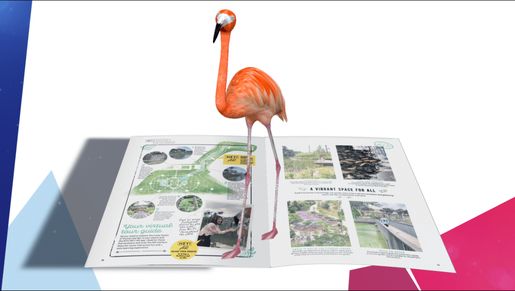 AR flamingo standing on HEY! magazine